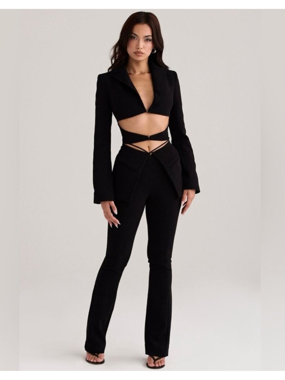 House of CB Black Cutout Flare Jumpsuit with Cropped Blazer